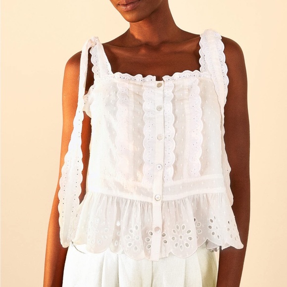 FARM Rio Tops - FARM Rio White Broderie Anglaise Tie-Strap Tank